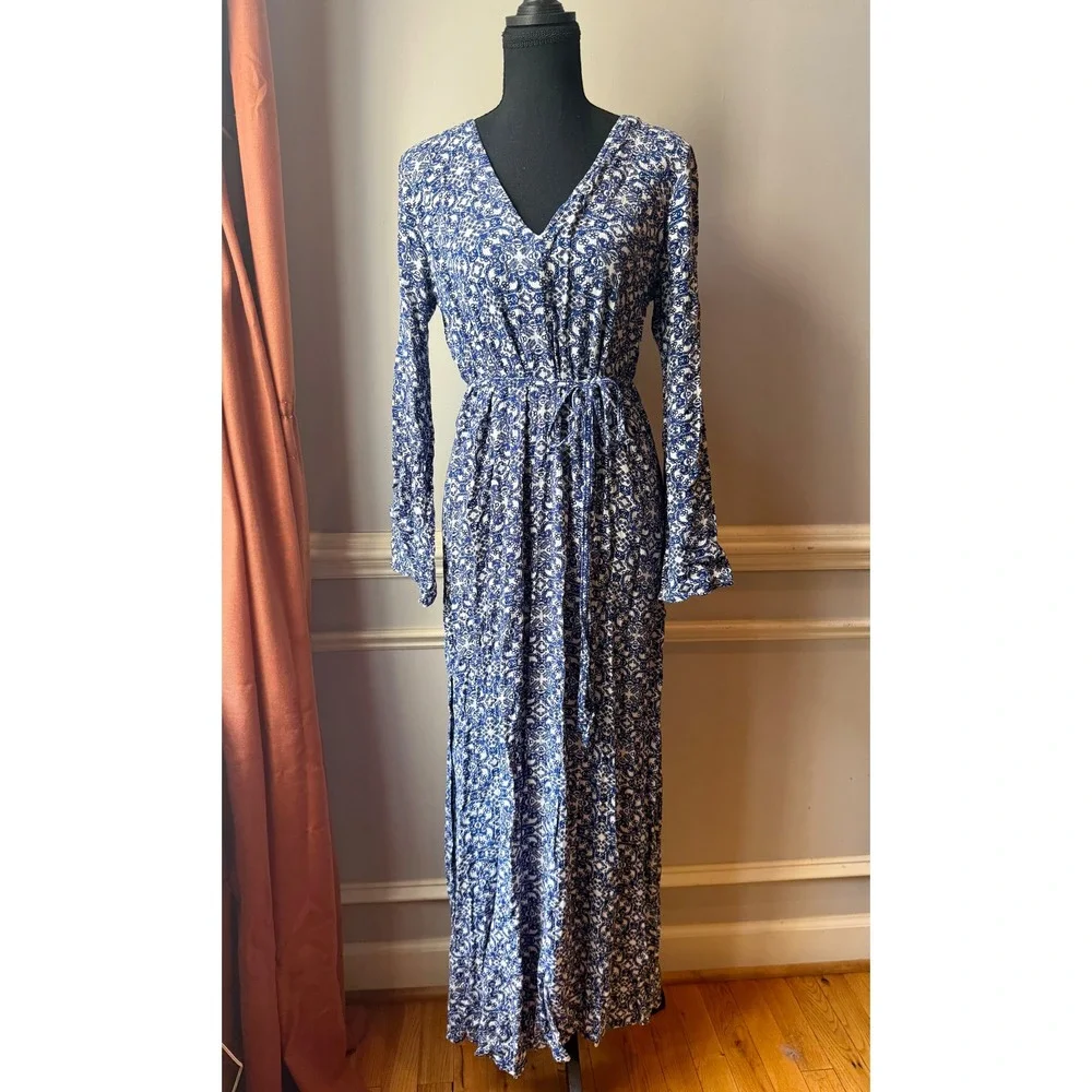 lulus blue and white floral dress Pretty Blue and White Floral Print Dress - Wrap Maxi Dress